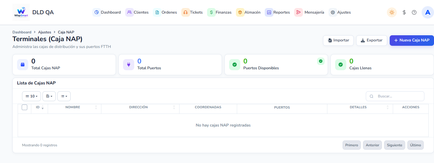 Vista: Terminales Caja NAP