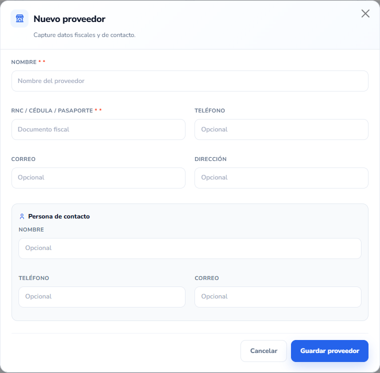 Formulario: Nuevo Proveedor