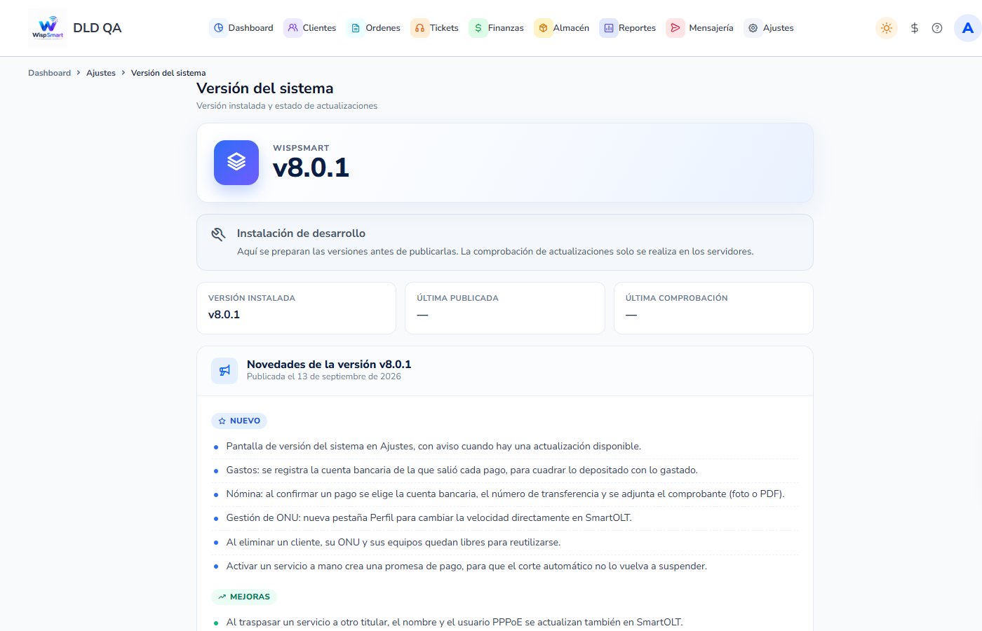 Vista: Versión del sistema y actualizaciones